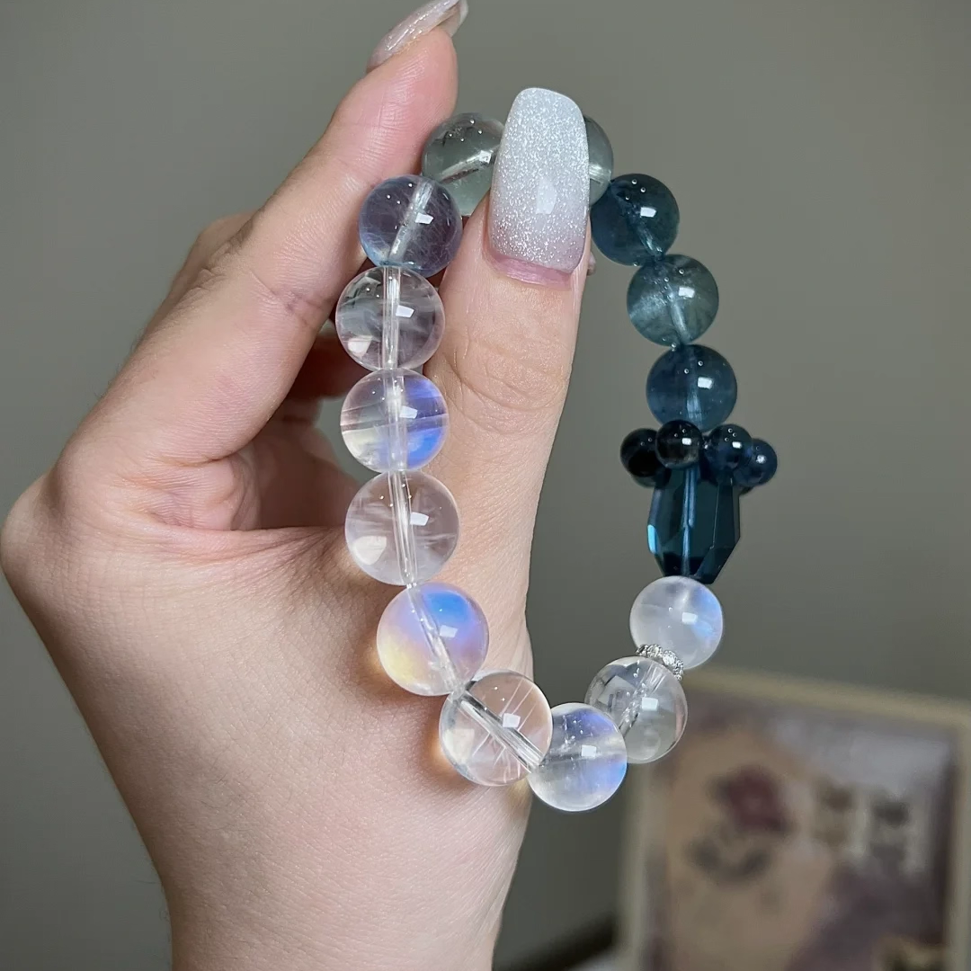 【冰凝】天然水晶斯里兰卡蓝月光海蓝宝手链设计师款手串饰品女款