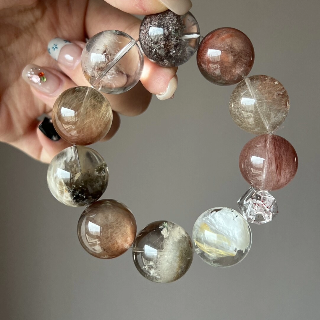 天然水晶手链大颗粒兔毛稀有矿幽灵水晶金发晶异象金兔毛定制
