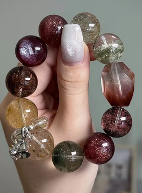 原创天然水晶彩兔毛金发晶彩幽灵彩胶花水晶手链【绯红圣诞】女款