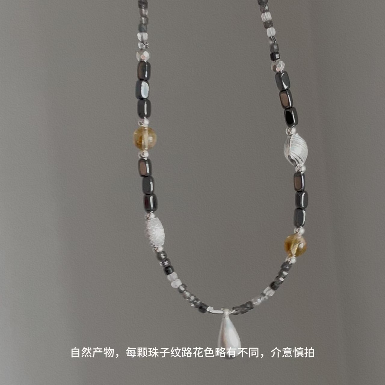 吊坠925银 JIUJIU【硕石】原创百搭设计ins风拉丝吊坠水晶银项链