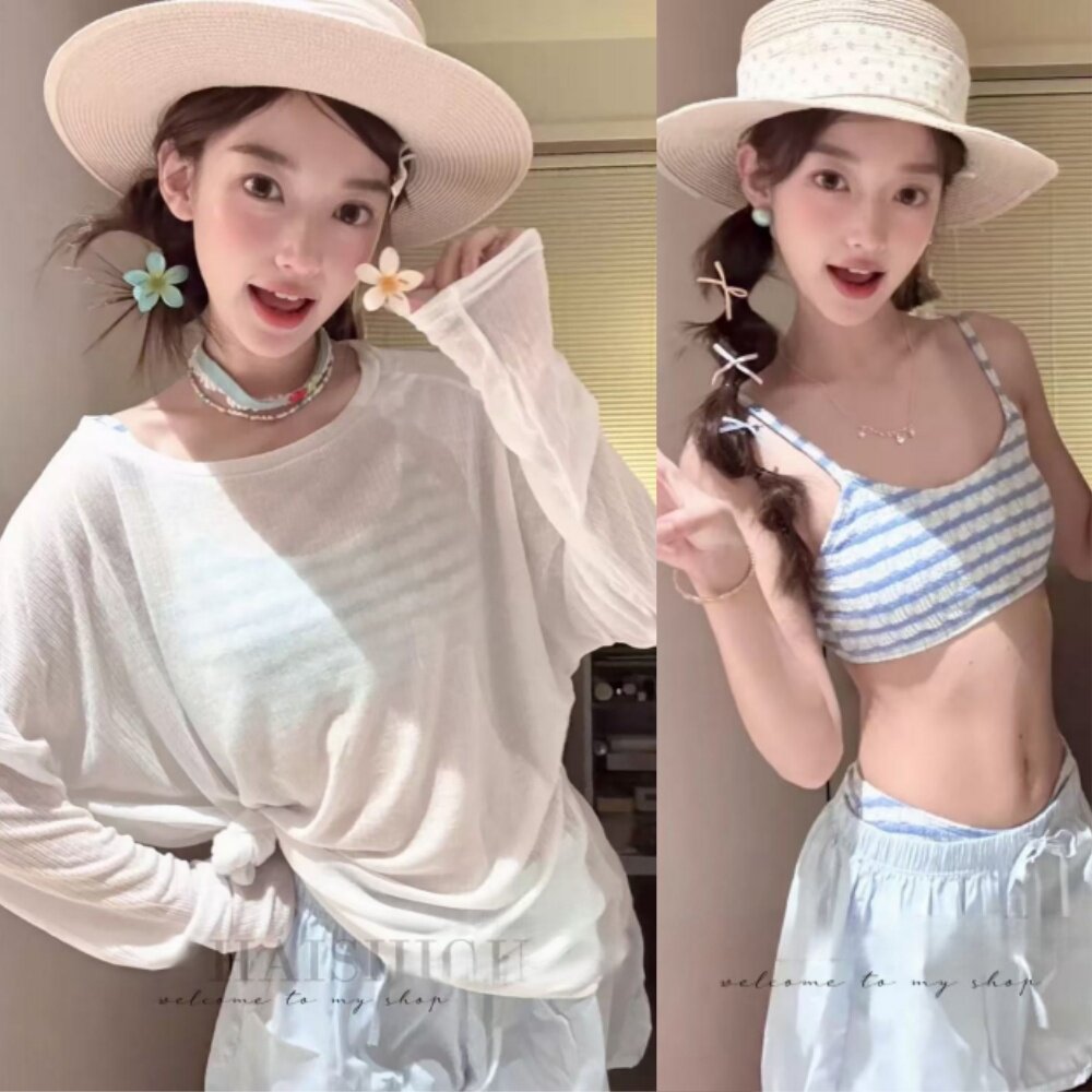 四件套泳衣女高级感少女学生泳装显瘦宽松罩衫海边度假泡温泉蓝白