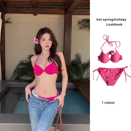 比基尼两件套超显白性感玫红色分体度假风泳装ins泡温泉海边女生
