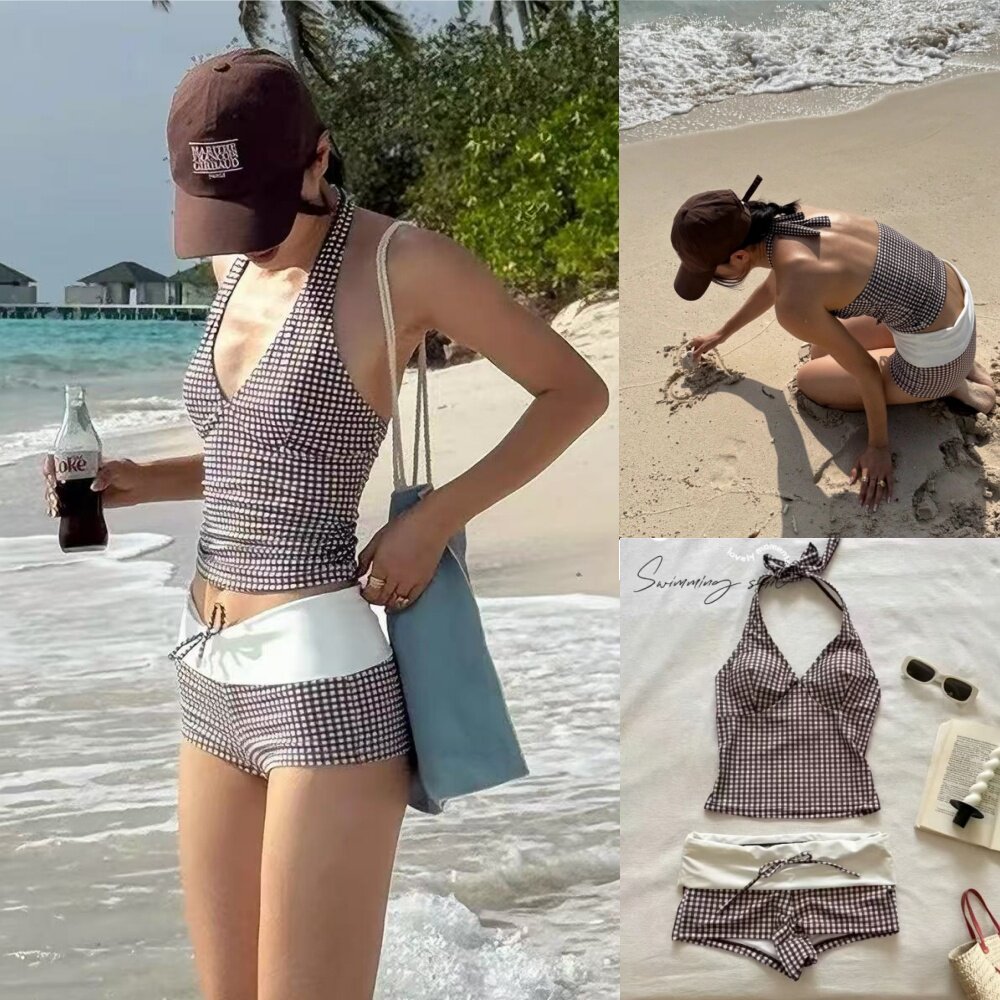 格纹挂脖分体泳衣度假温泉
