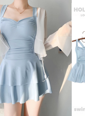 泳衣女款2025新款连体裙式保守遮肚显瘦显白泡温泉泳装高级感蓝色