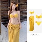 比基尼泳衣女2025新款 泰国绝美黄色分体三件套性感长裙海岛度假风