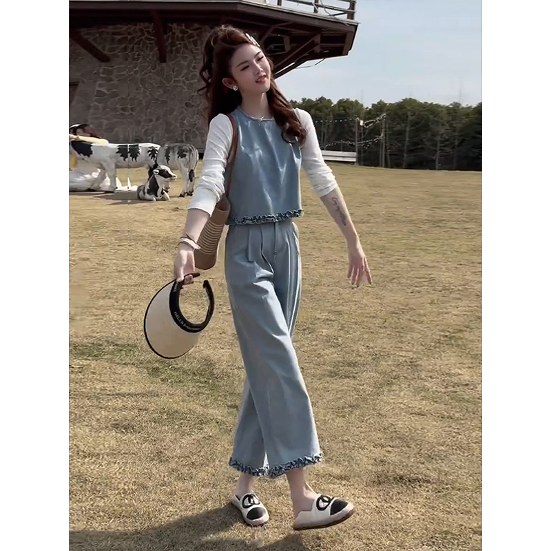 2025新款春季ootd韩系独特漂亮花边背心阔腿休闲裤裤配内搭三件套
