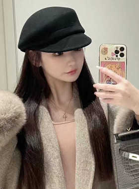 秋冬黑色羊毛法式八角帽子女显脸小黑色气质贝雷帽羊毡帽子画家帽