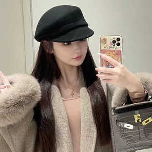 秋冬黑色羊毛法式八角帽子女显脸小黑色气质贝雷帽羊毡帽子画家帽