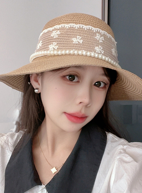 韩版珍珠法式复古赫本风气质帽草帽女款夏季出游度假遮阳编织礼帽
