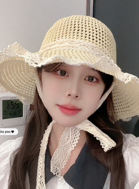 法式草编大沿蕾丝绑带草帽子女出游防晒海边甜美遮阳沙滩度假帽子