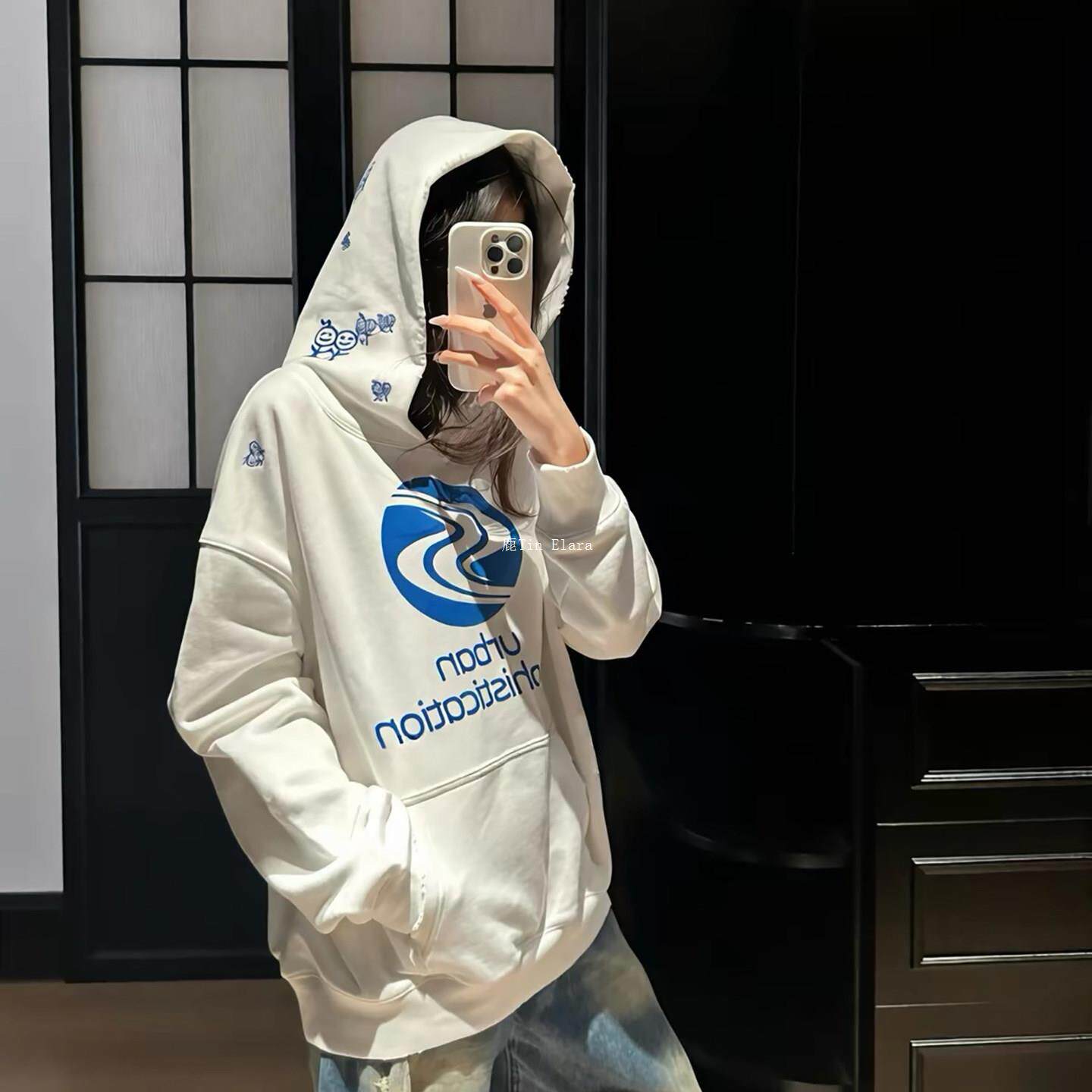 美式潮牌白蓝色字母印花火柴人连帽卫衣女宽松慵懒风套头外套上衣