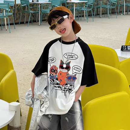 儿童薄棉短袖T恤 2026夏季新款男童韩版宽松时髦帅气白色插肩袖T
