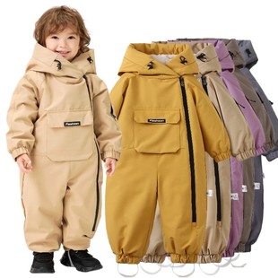 QKIKT跨境欧美连帽加绒加厚小童滑雪服儿童连体衣外出服2025冬季