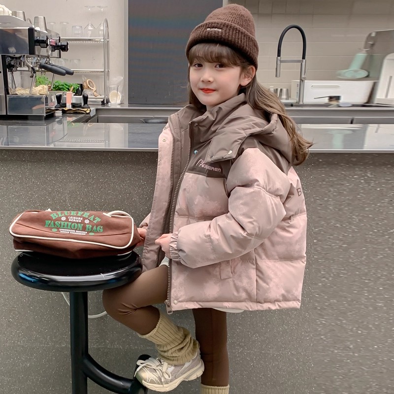 女童冬装棉袄外套2025新款儿童女孩冬季棉衣加厚连帽拼色羽绒棉服