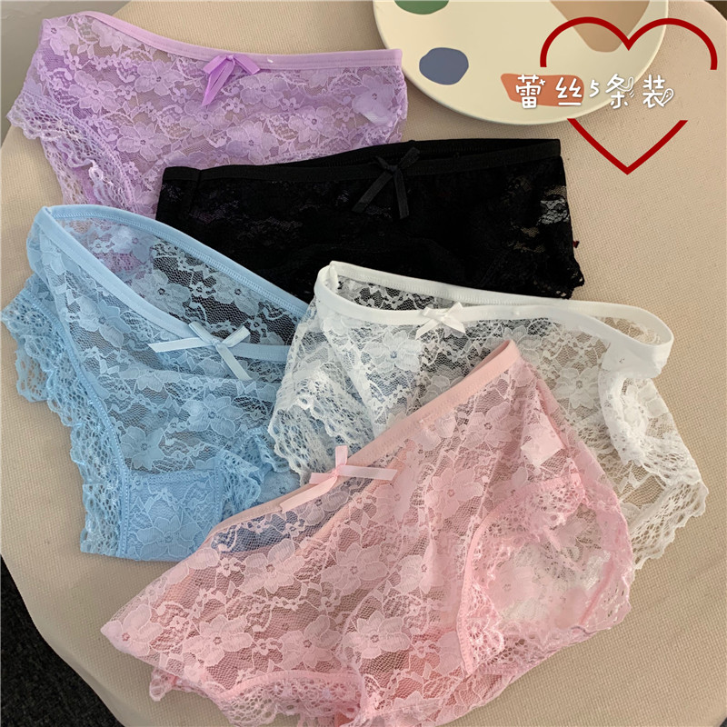 Real photo, real price, Korean version, breathable lace, flower, bowknot, lovely and sweet girl, middle waist triangle underpants of students