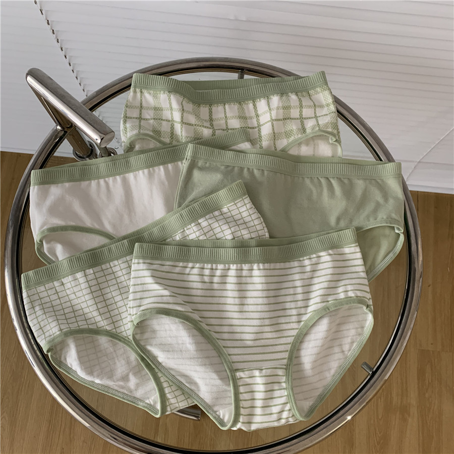 Korean girl green plaid Japanese pure cotton comfortable mid waist student briefs