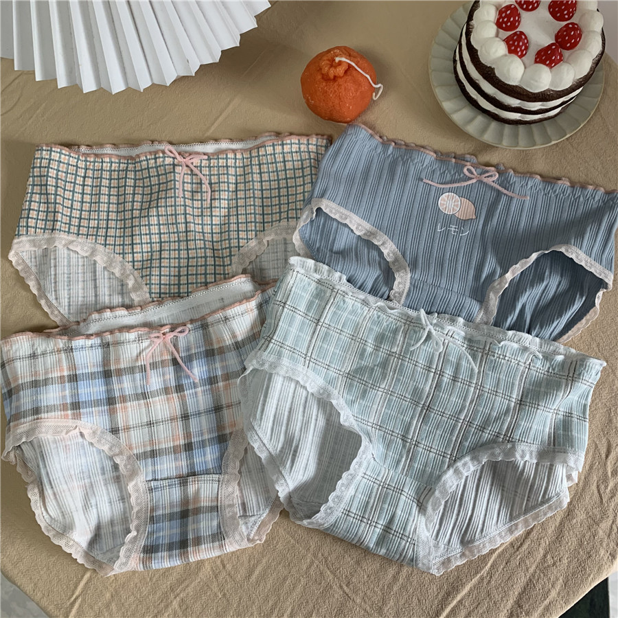 Korean version Japanese sweet girl Plaid Bow pure cotton mid waist triangle underwear