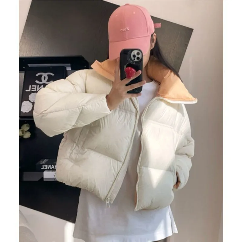 韩系拼色棉服女2025冬季新款时尚设计感短款加厚小个子面包服外套