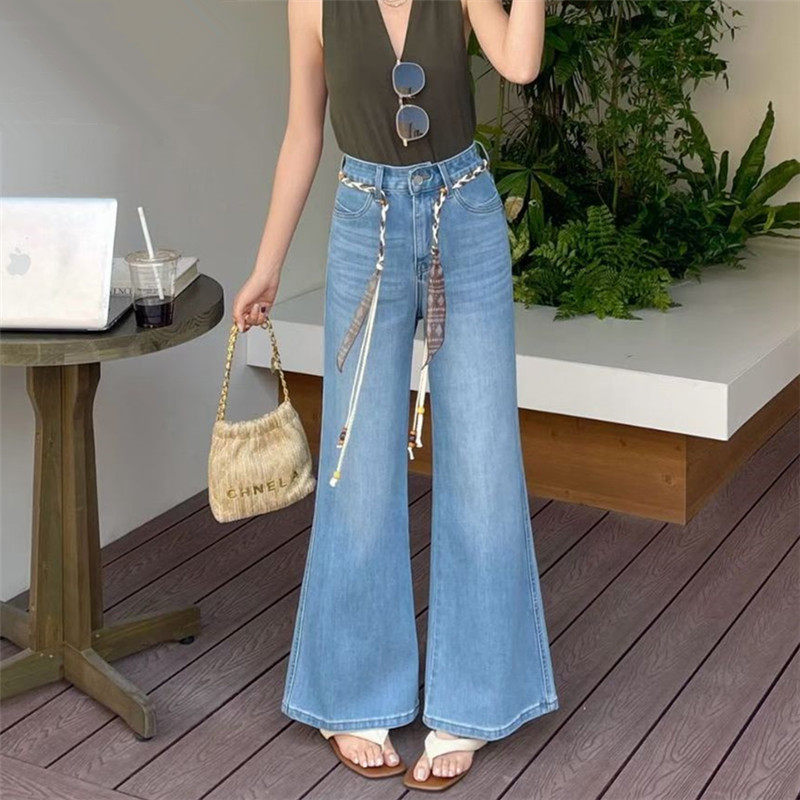 优+腰带装饰四面弹牛仔喇叭裤女2026春夏新款高腰显瘦九分筒喇裤