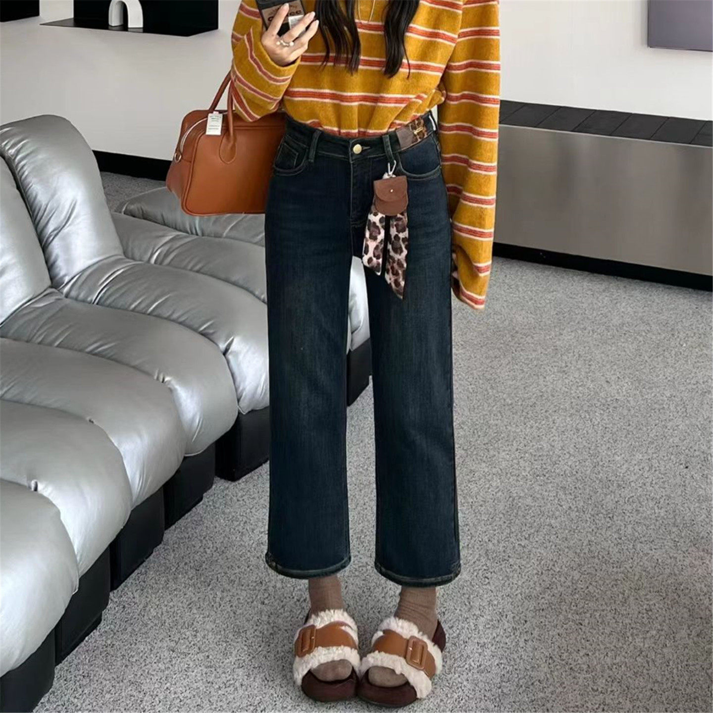 欧货四面弹植绒牛仔烟管裤女秋冬