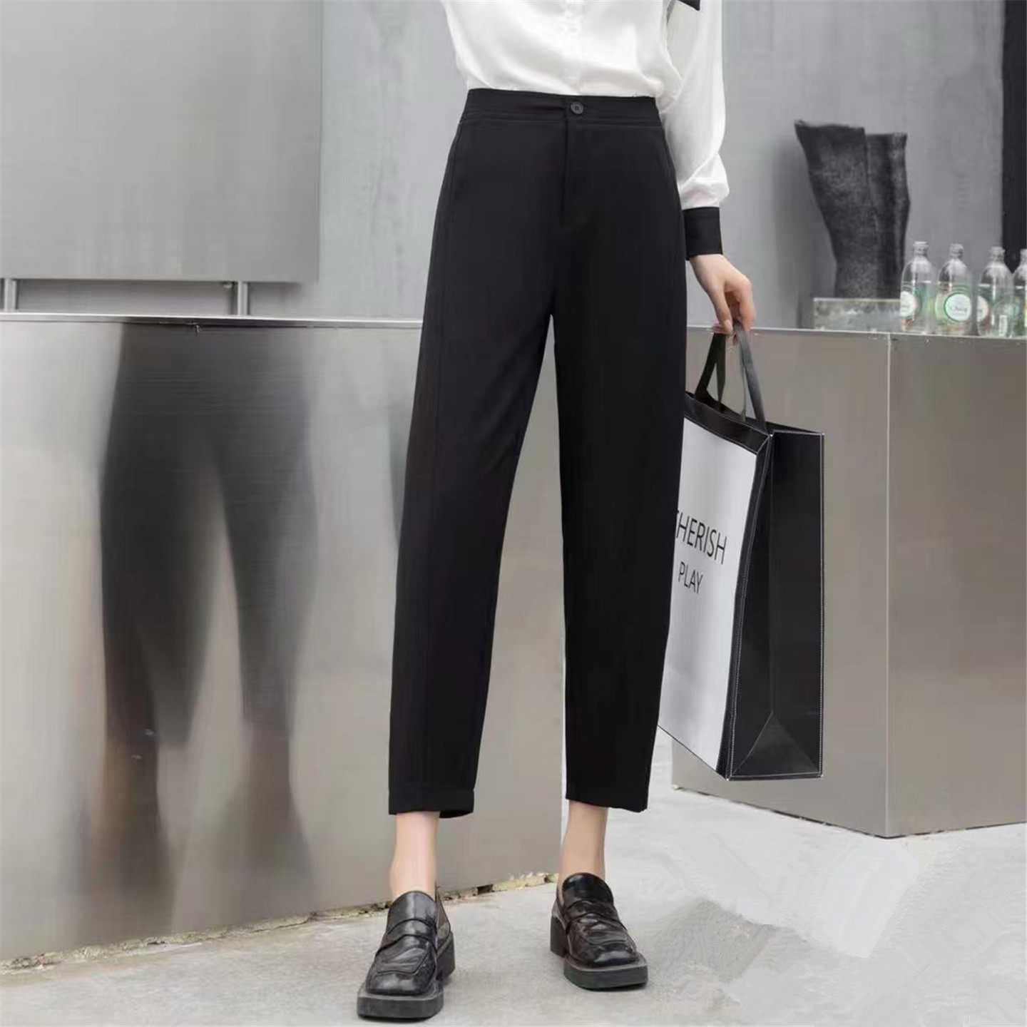 高品质哈伦裤通勤职业西裤女2026早春高腰宽松显瘦九分小脚弯刀裤