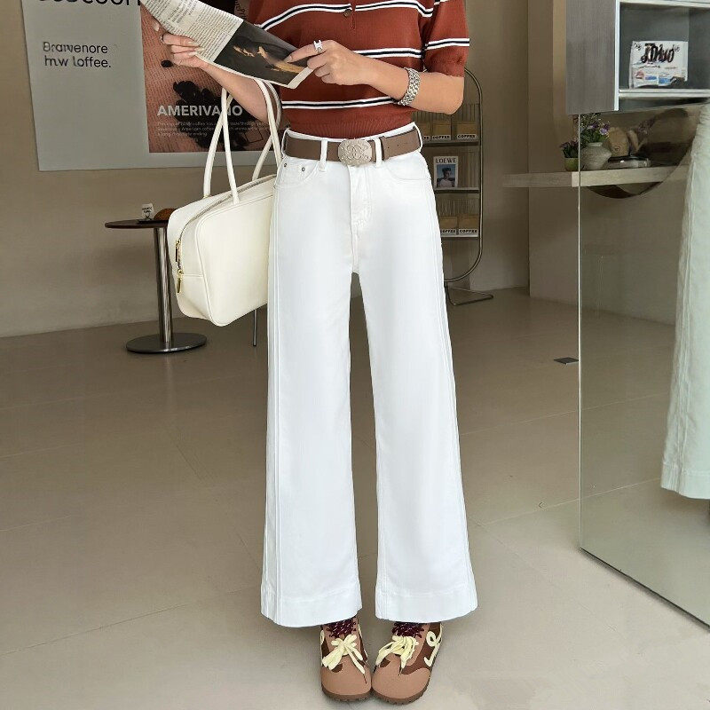 白色奶奶裤侧条牛仔阔腿裤女2026春季新款高腰宽松显瘦九分直筒裤
