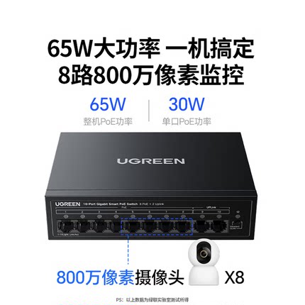 绿联8口poe交换机10口千兆供电 家用Ap摄像头监控网络网线分线器