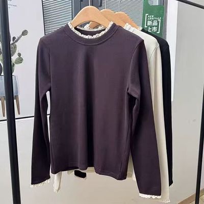 花边领打底衫2025新款今年流行爆款蕾丝慕丝绒半高领长袖体恤女