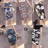 韩版 高腰显瘦半身裙子后开叉女 印花通勤一步裙包臀中长款 夏季 新款