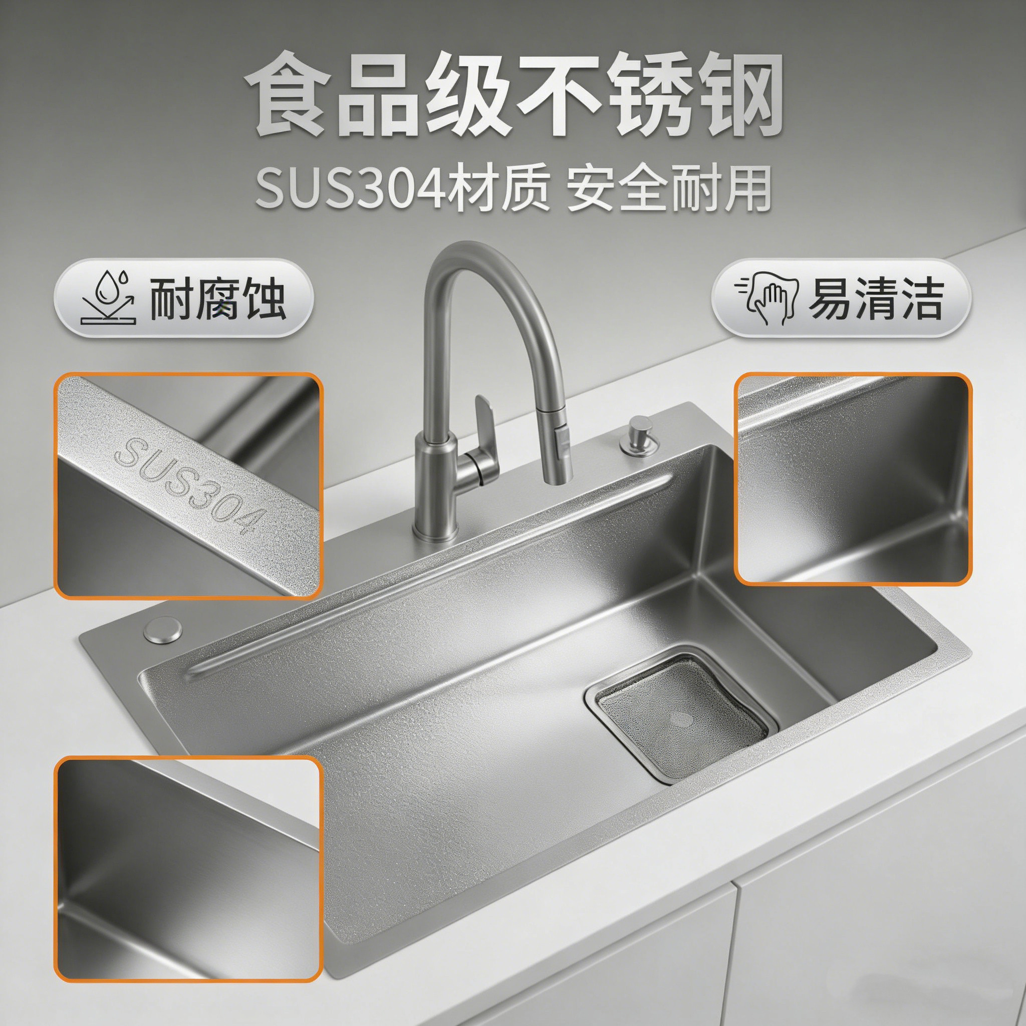 台控下水集渣网SUS304不锈钢水槽大单槽厨房洗菜盆带沥水篮洗碗池