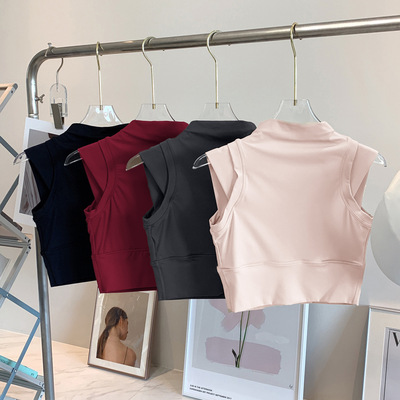 女士无袖高弹带胸垫短款健身上衣