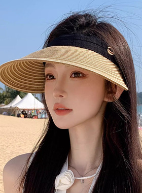 度假风草编空顶帽女夏季海边防晒遮阳帽透气显脸小防紫外线太阳帽