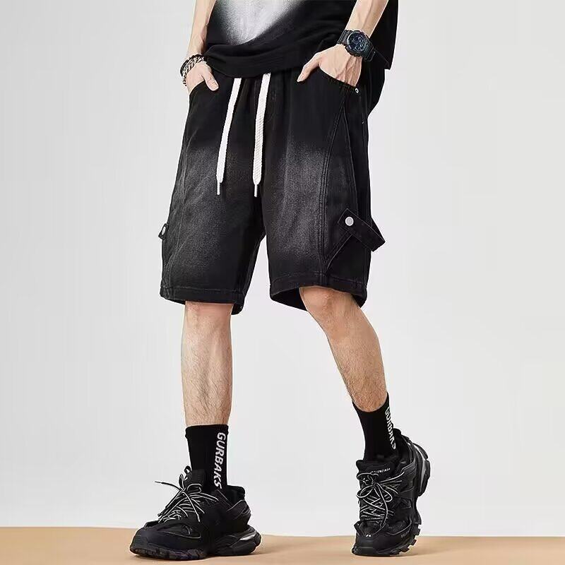 美式高街潮牌2026新款夏季牛仔短裤男款宽松直筒抽绳休闲五分裤子