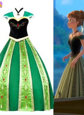 安娜公主裙大人冰雪奇缘cos服装全套成人礼服绿色刺绣连衣裙大码
