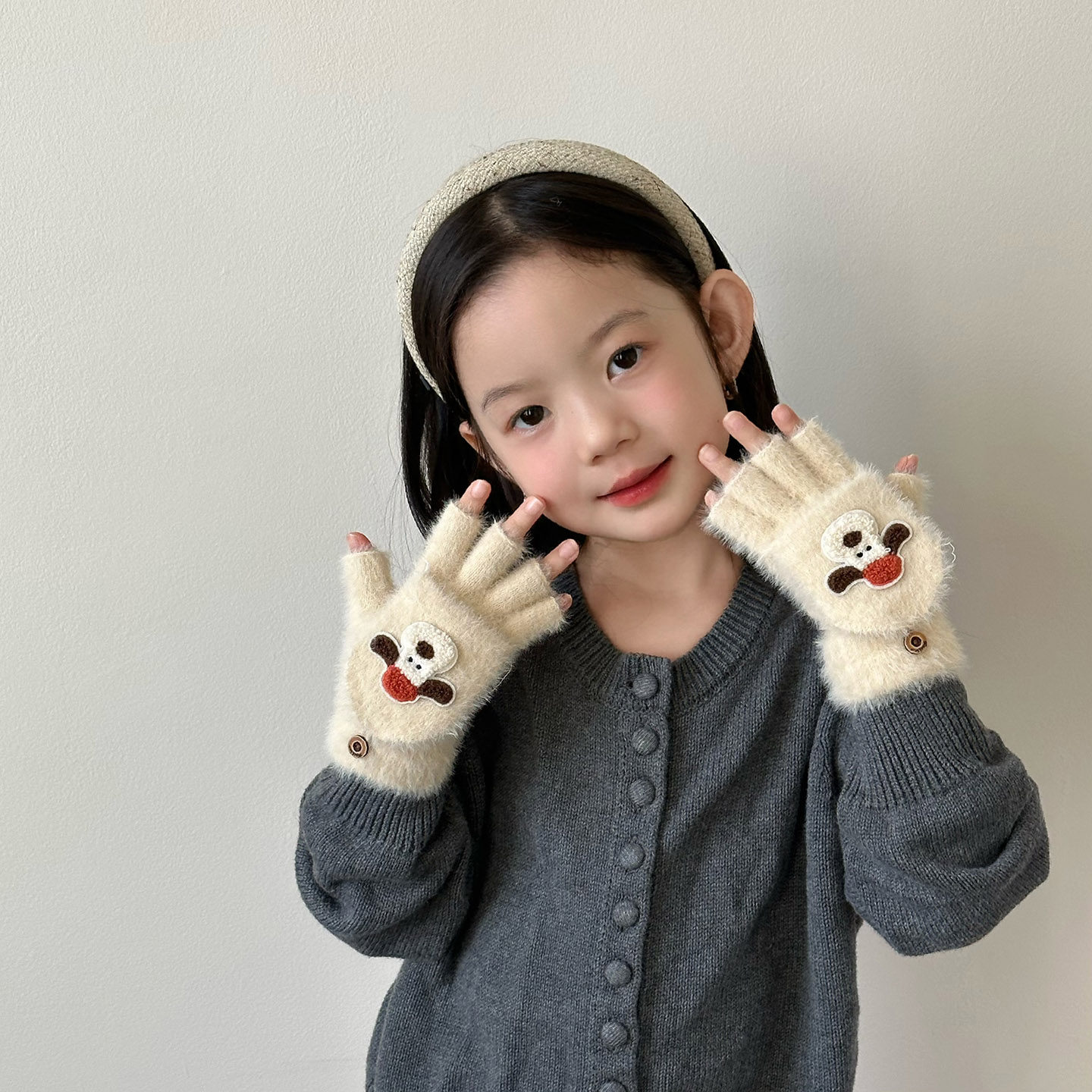 儿童卡通小狗针织半指手套保暖