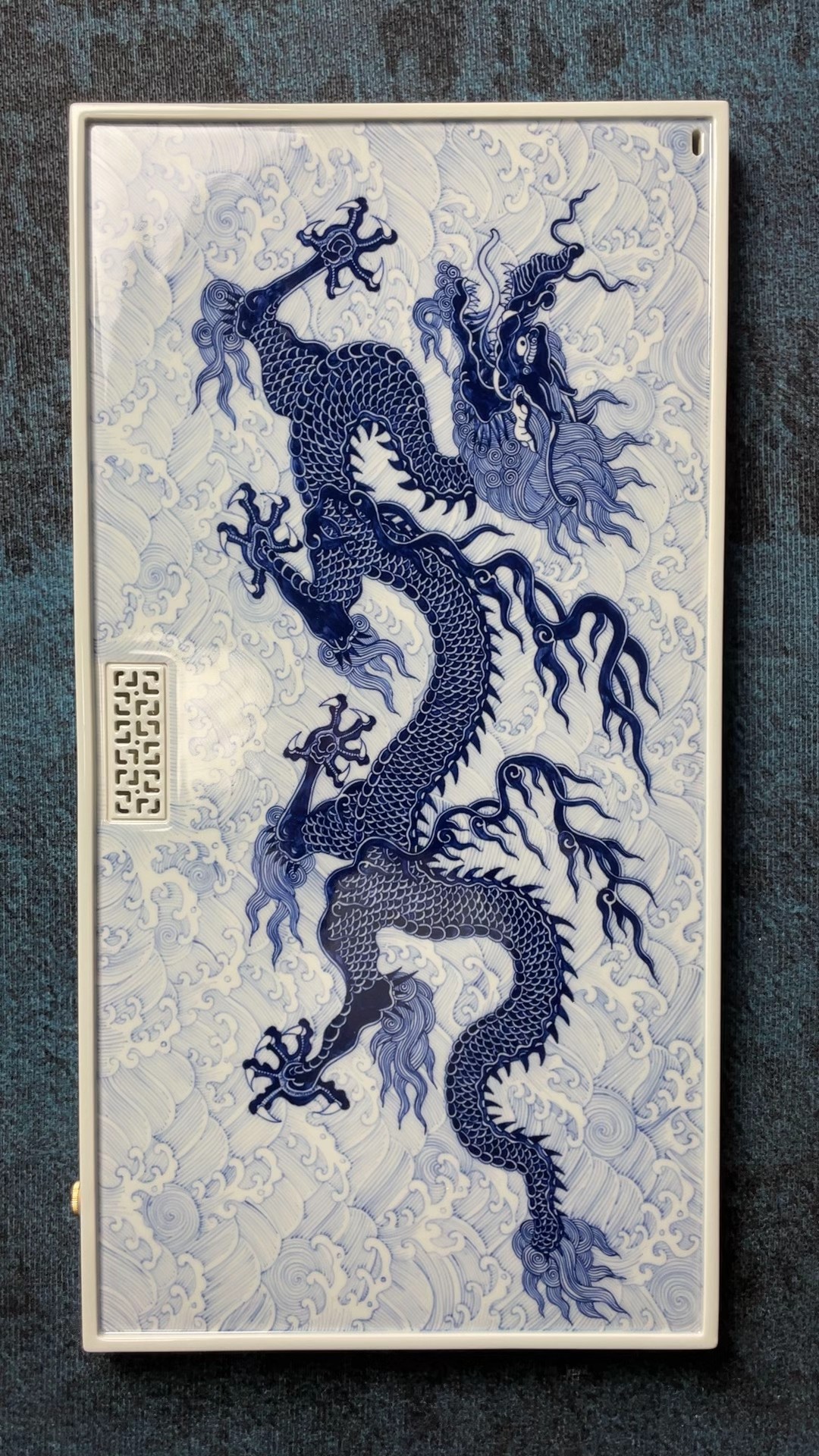 50*26青花手工手绘镶器霸王龙干湿二用茶盘景德镇陶瓷茶盘排水式