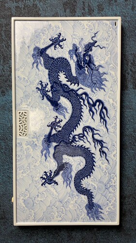 50*26青花手工手绘镶器霸王龙干湿二用茶盘景德镇陶瓷茶盘排水式