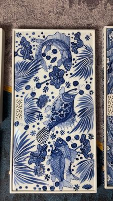 50*26仿元青花鱼藻鳜鱼干湿二用茶盘景德镇陶瓷手工手绘茶具