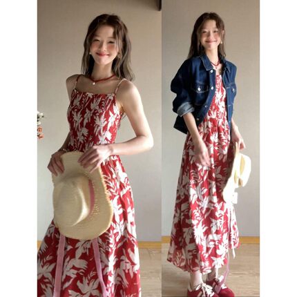 法式红色碎花吊带洋装子女夏季2026新款巨好看海边度假收腰长裙