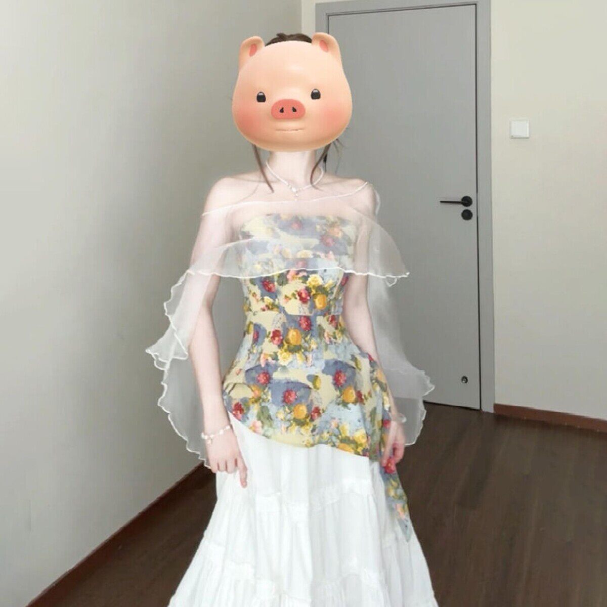 一字肩碎花上衣洋装子女