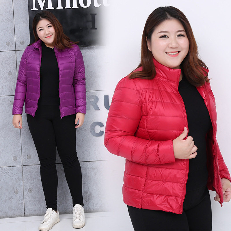 肥胖妈妈加肥大码婆婆冬装超轻薄羽绒棉服短款立领棉衣袄子外套女