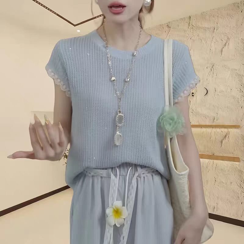 夏季镂空蕾丝边显瘦针织短袖图片