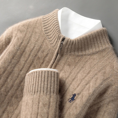 秋冬半拉链100纯羊毛衫男加厚保暖新款毛衣针织衫宽松长袖半高领