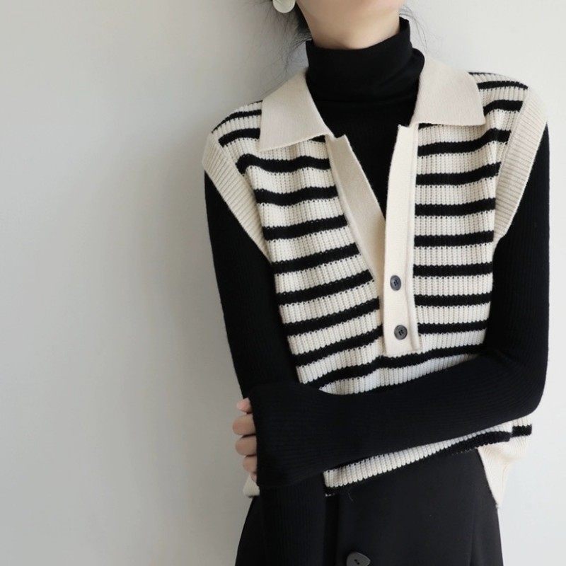 气质条纹翻领针织羊毛马甲女叠穿马夹无袖背心春秋宽松韩版小坎肩