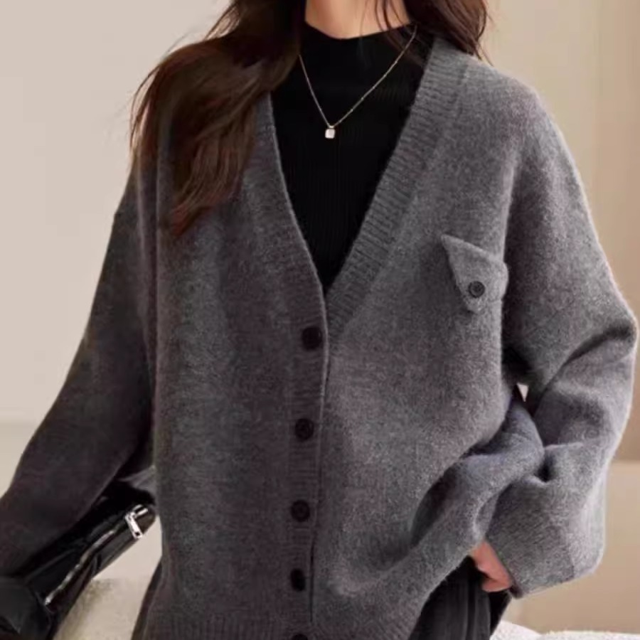 女装2024秋冬新款V领灰色温暖感100纯羊毛针织开衫外套气质毛衣