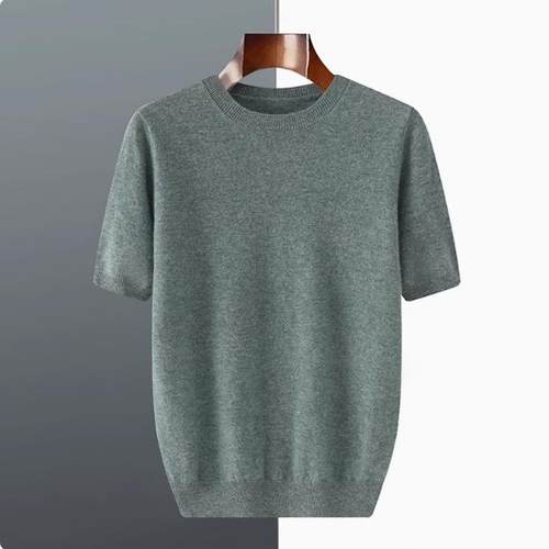 秋冬男t恤衫毛衣宽松五分袖羊毛厚款上衣针织短袖纯色安迪绒半袖