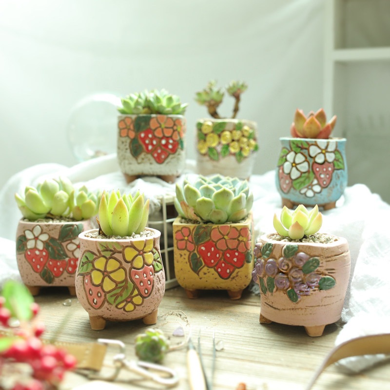 新款多肉植物花盆简约草莓手绘延禧盆粗陶透气控型创意小花盆特价