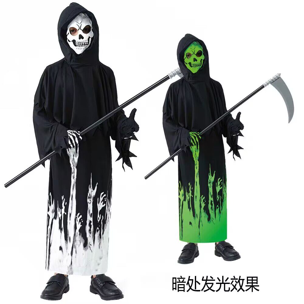 万圣节儿童骷髅骨架cos死神镰刀服装派对恐怖屋装扮荧光连帽鬼