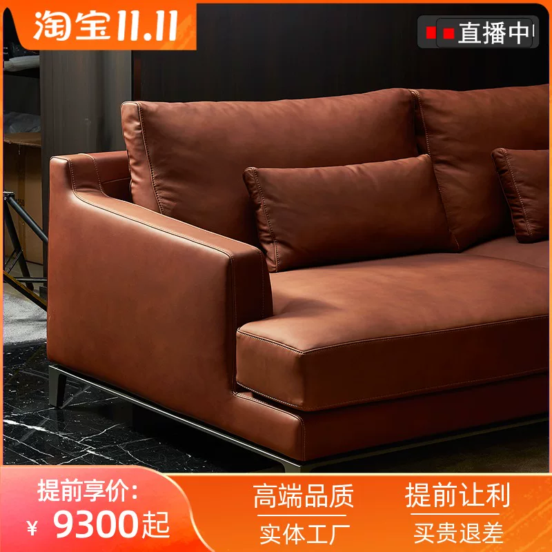 Elite minimalistic matte leather sofa with down stainless steel, cowhide