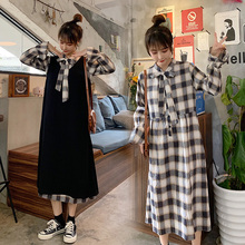 套装 显瘦中长款 女长袖 格子衬衫 秋装 胖妹妹大码 连衣裙2019新款 女装